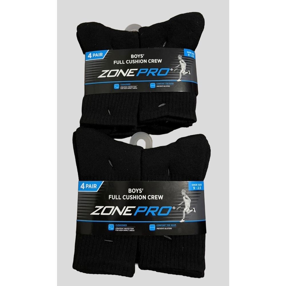 Zone Pro Boys Crew Socks Black Full Cushion 8 Pair Lot Size 9-2.5 Athletic NEW